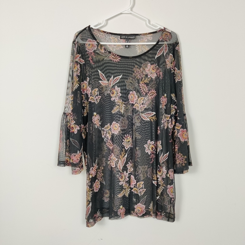 Love & Legend Women's Pink and Black Floral Bell Sleeve Blouse Sheer Y2K